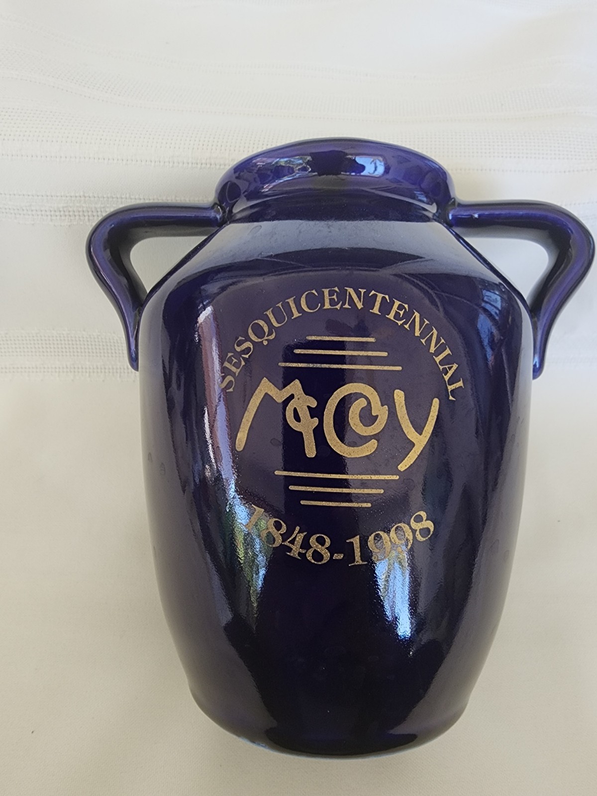 McCoy Pottery Signed 150 Year Anniversary Cobalt & Gold Handled Oil Jar or Vase