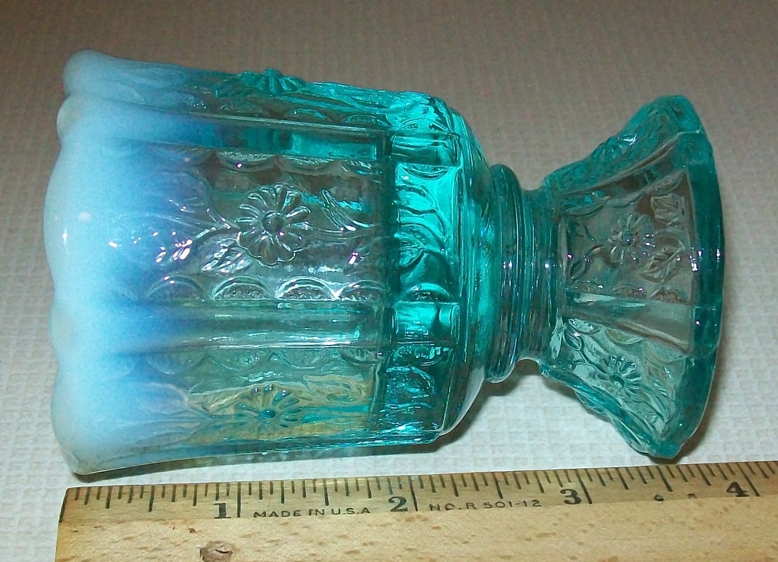 Fenton Aqua Blue Opalescent Paneled Daisy Footed Toothpick Holder 3 1/2″ Tall