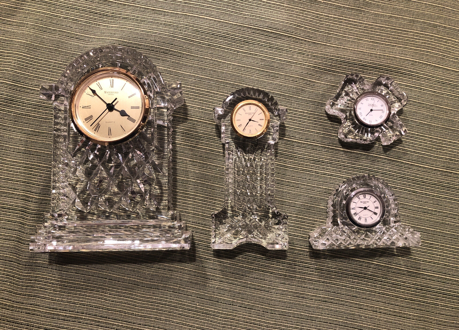 Lot of 4 Irish Crystal Clocks Waterford Grandfather, Lismore / Galway Shamrock