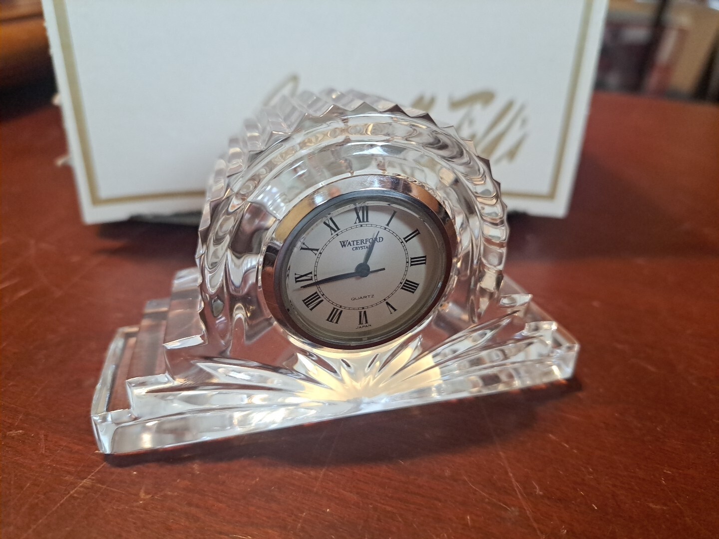 WATERFORD Signed Crystal Quartz Cottage Mantel Clock Marshall Fields