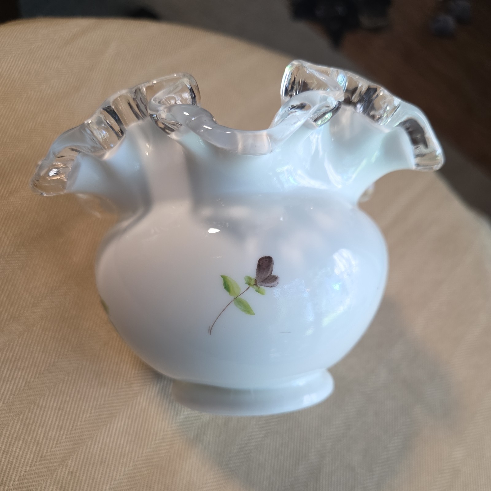 Vintage Fenton Violets In The Snow Crimped Bowl- handpainted & signed Kim Blake