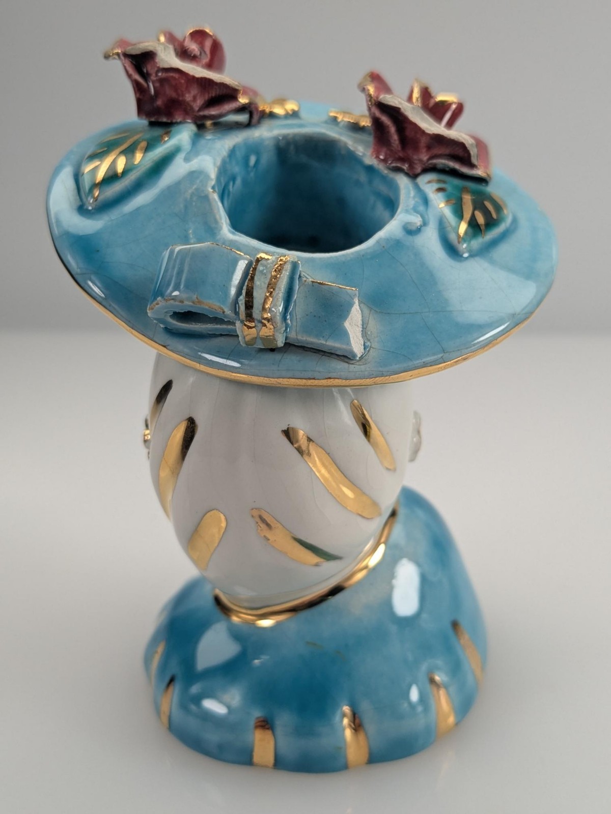 Vintage Lady Head Vase Mini Glamour Blue and Gold Broken Flowers & Bow