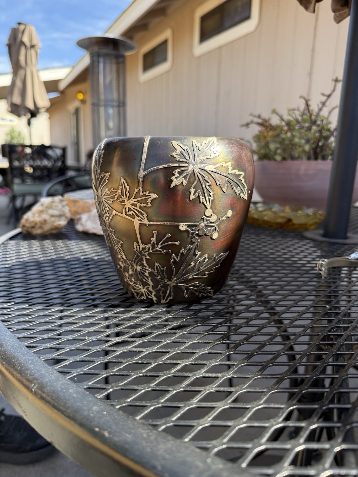 Antique Heintz Art Metal Shop Sterling on Bronze Vase #3571 Leaf/berry Overlay