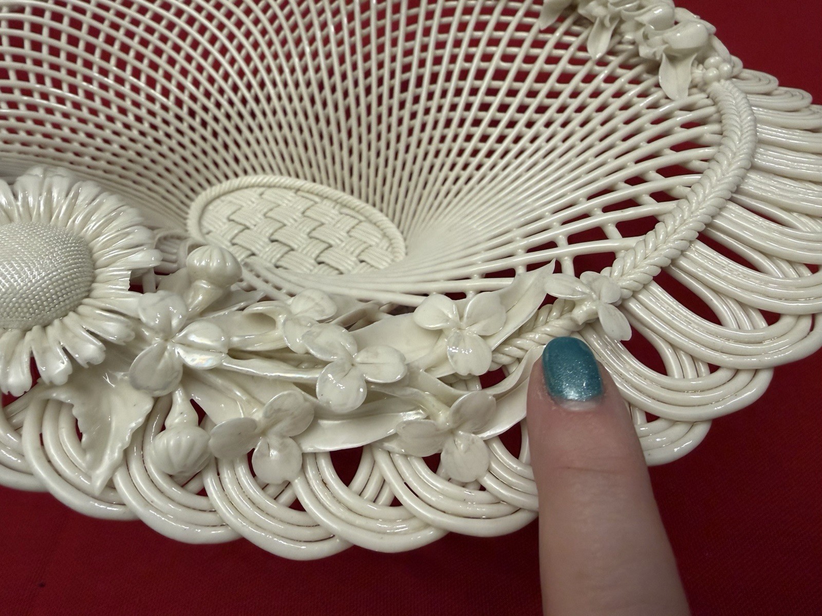 Antique Belleek Henshall 4 Strand Twig Handled Basket w/ Flowers Large Size 13”
