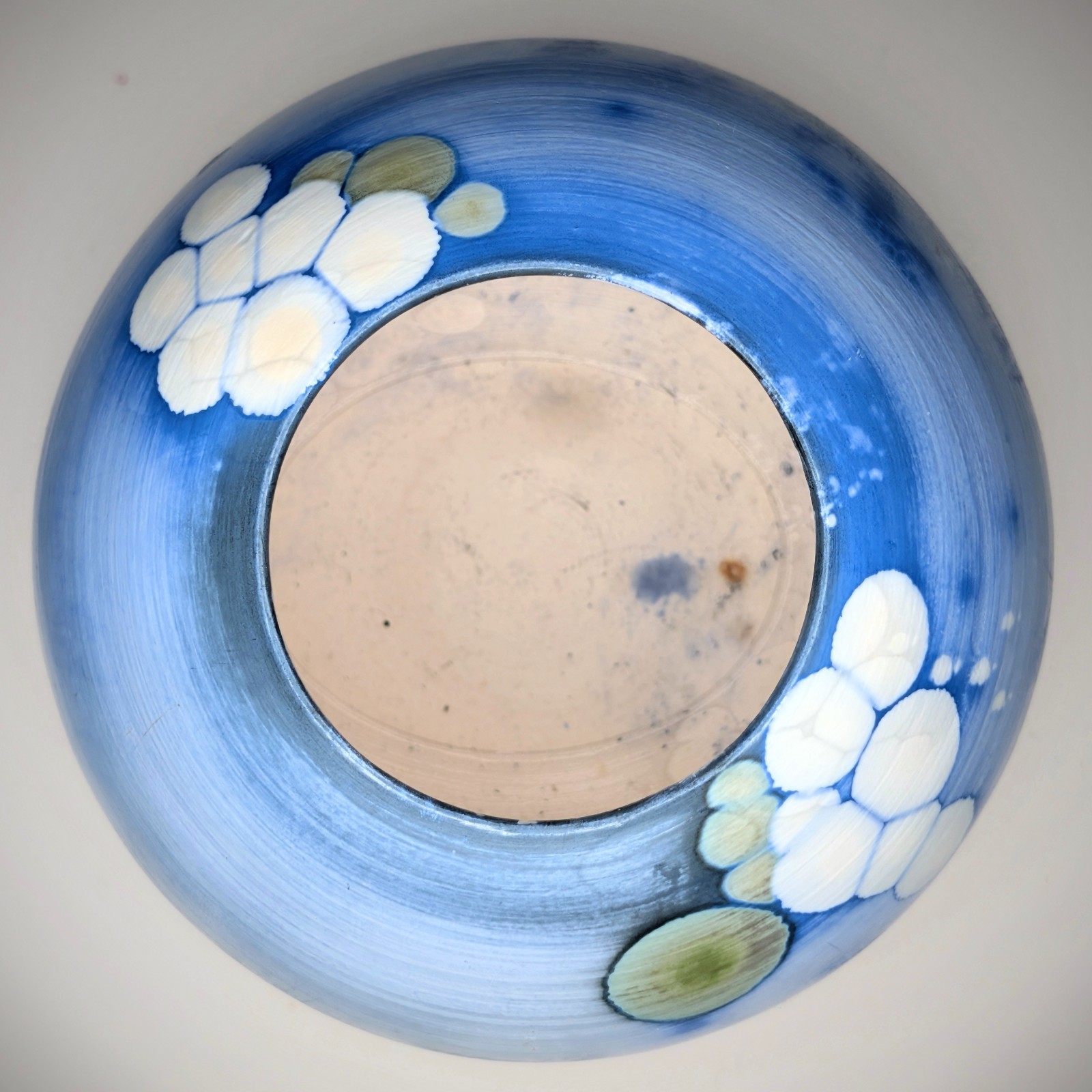 Small Lavender & Blue Crystalline Vase Milky White Glaze Blue Feathering & Drips