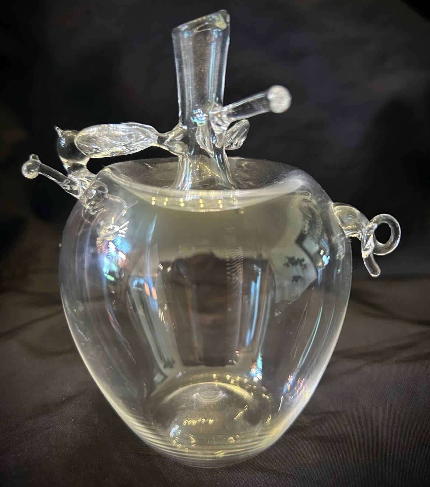 Rare Vintage Roberto Niederer Hand-Blown Glass Apple Vessel Fused Cat With A Hat