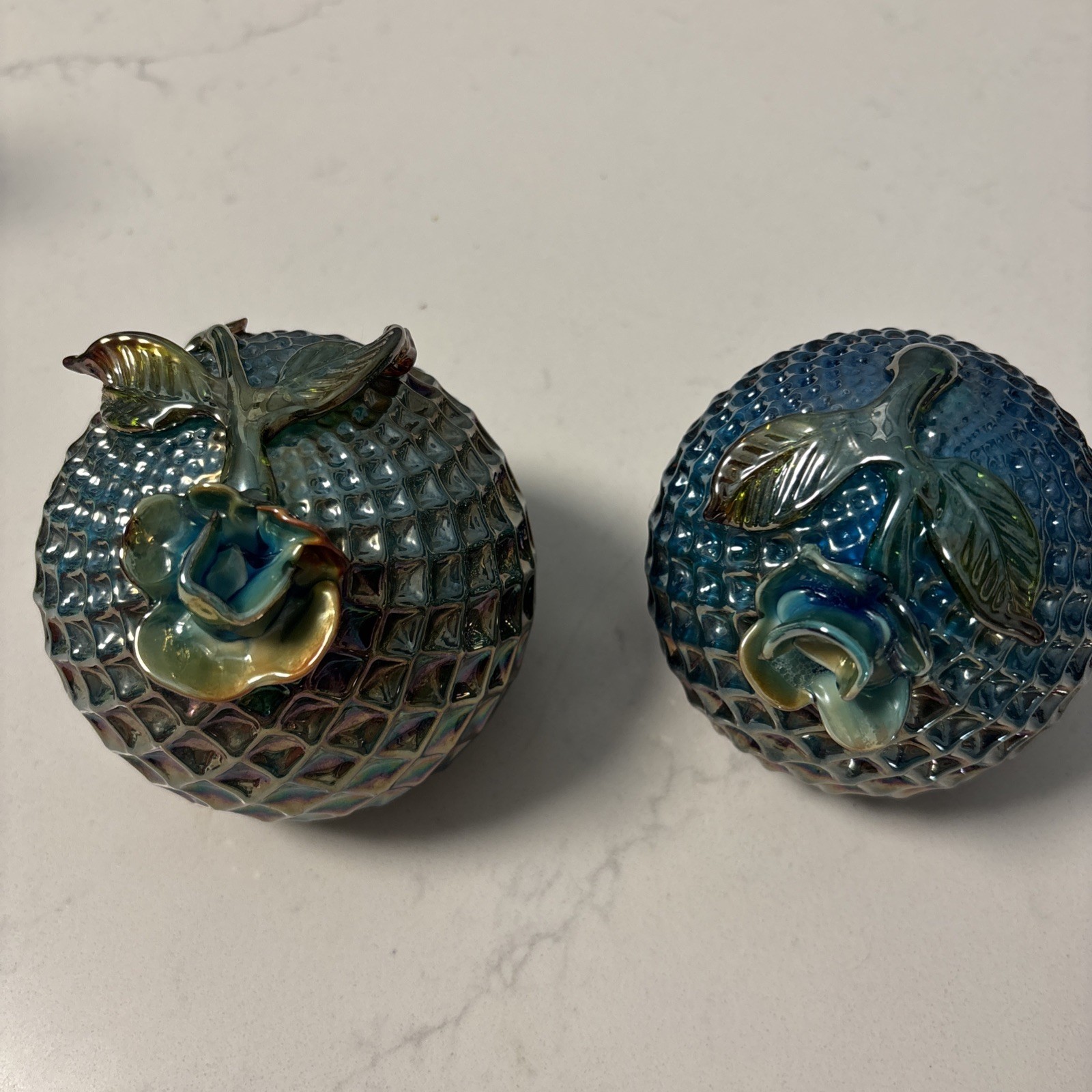 Vintage Gibson Studio Carnival Art Glass Blue Iridescent Strawberry Paperweight