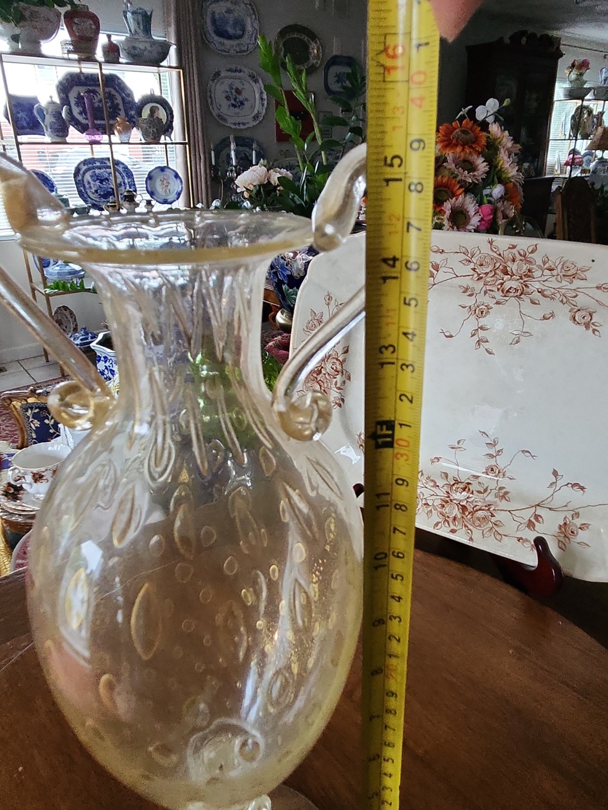 ​Vtg Murano Style Glass Amphora Urn Vase Bullicante Gold Aventurine Two Handles