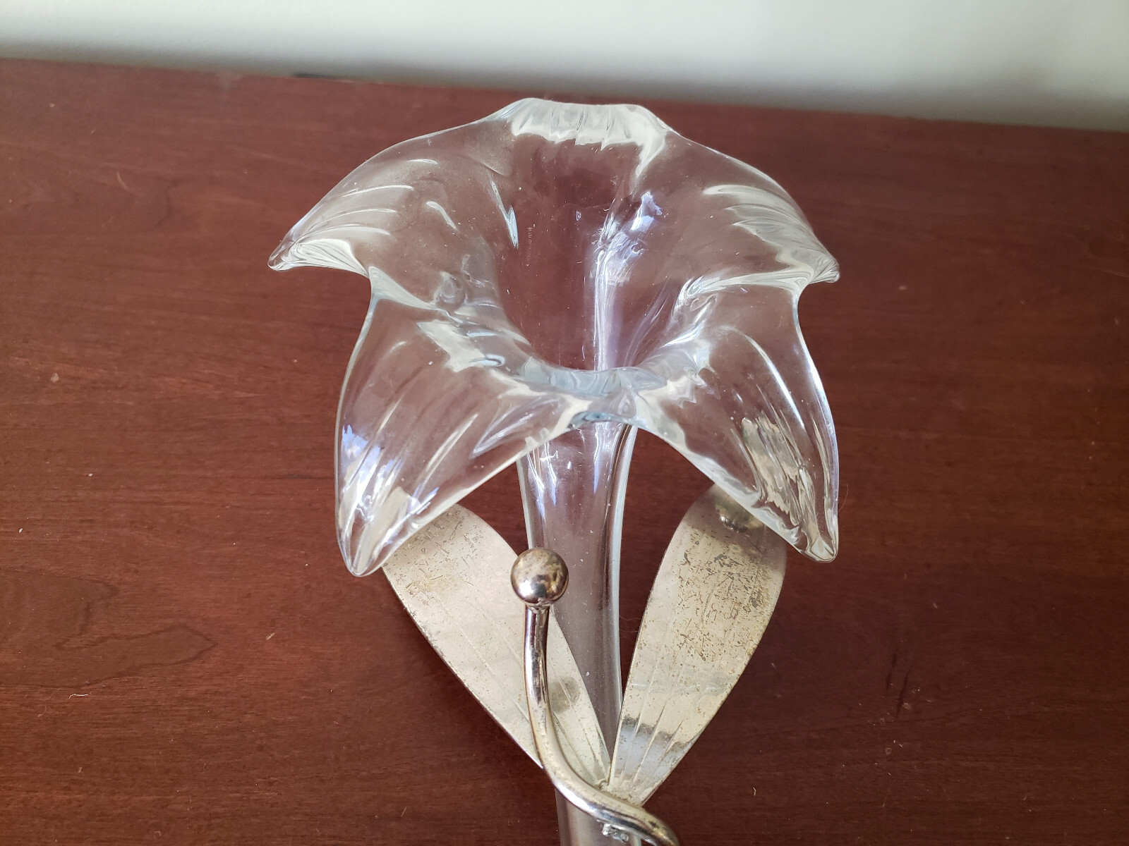 ONEIDA Amaryllis Vase Clear Glass Flower with Silver Plated Stem / Hand Blown