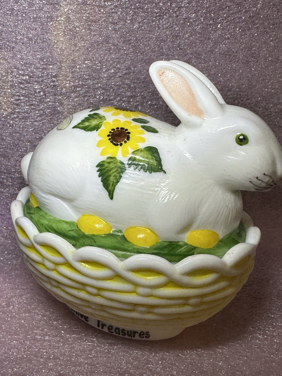 Mosser Glass Bunny on Basket Nest Hand-Painted Bee 🐝 Spring Flowers Signed