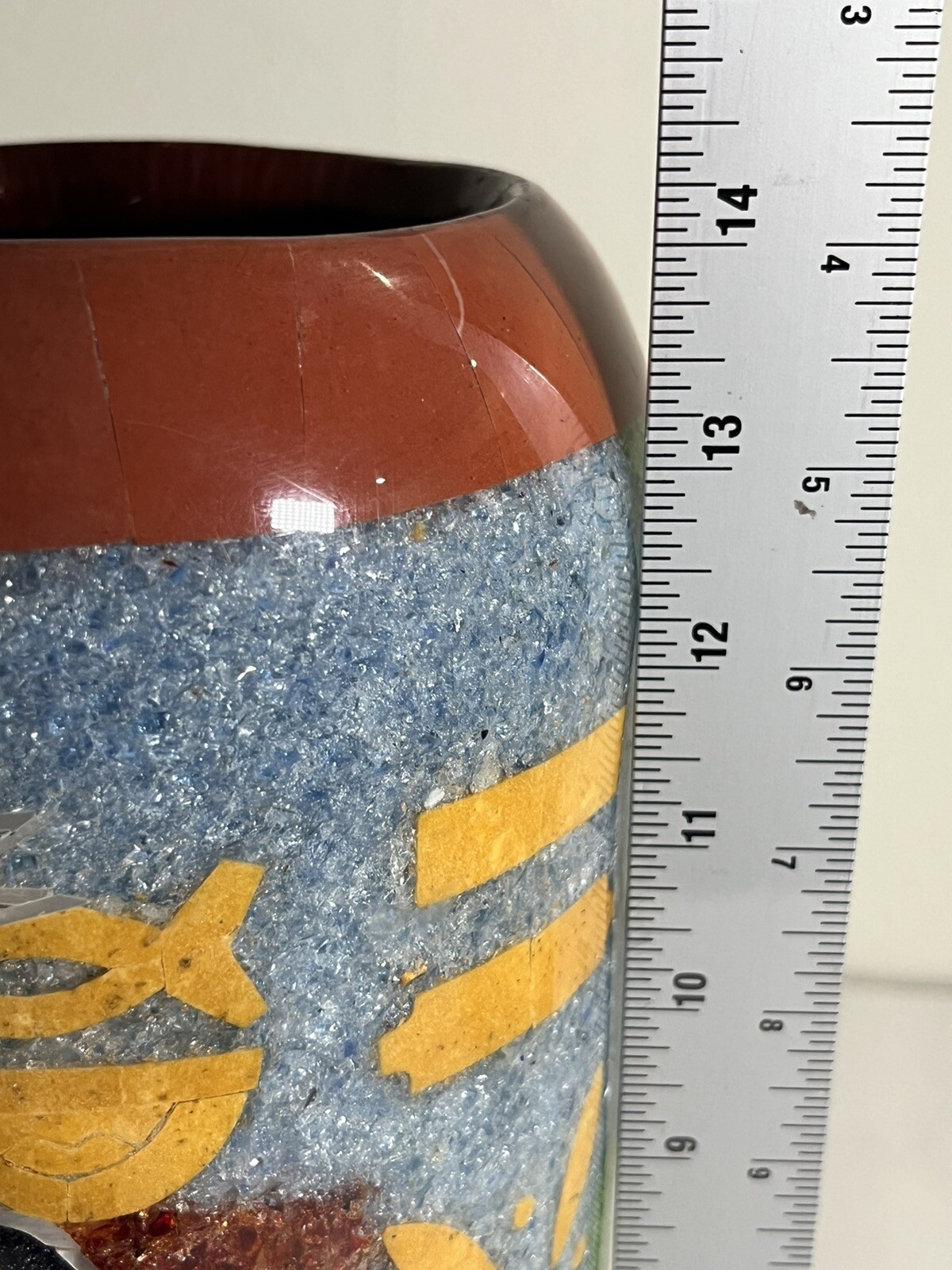 Ceramic 14″ vase primitive art blue yellow green crushed glass look but smooth