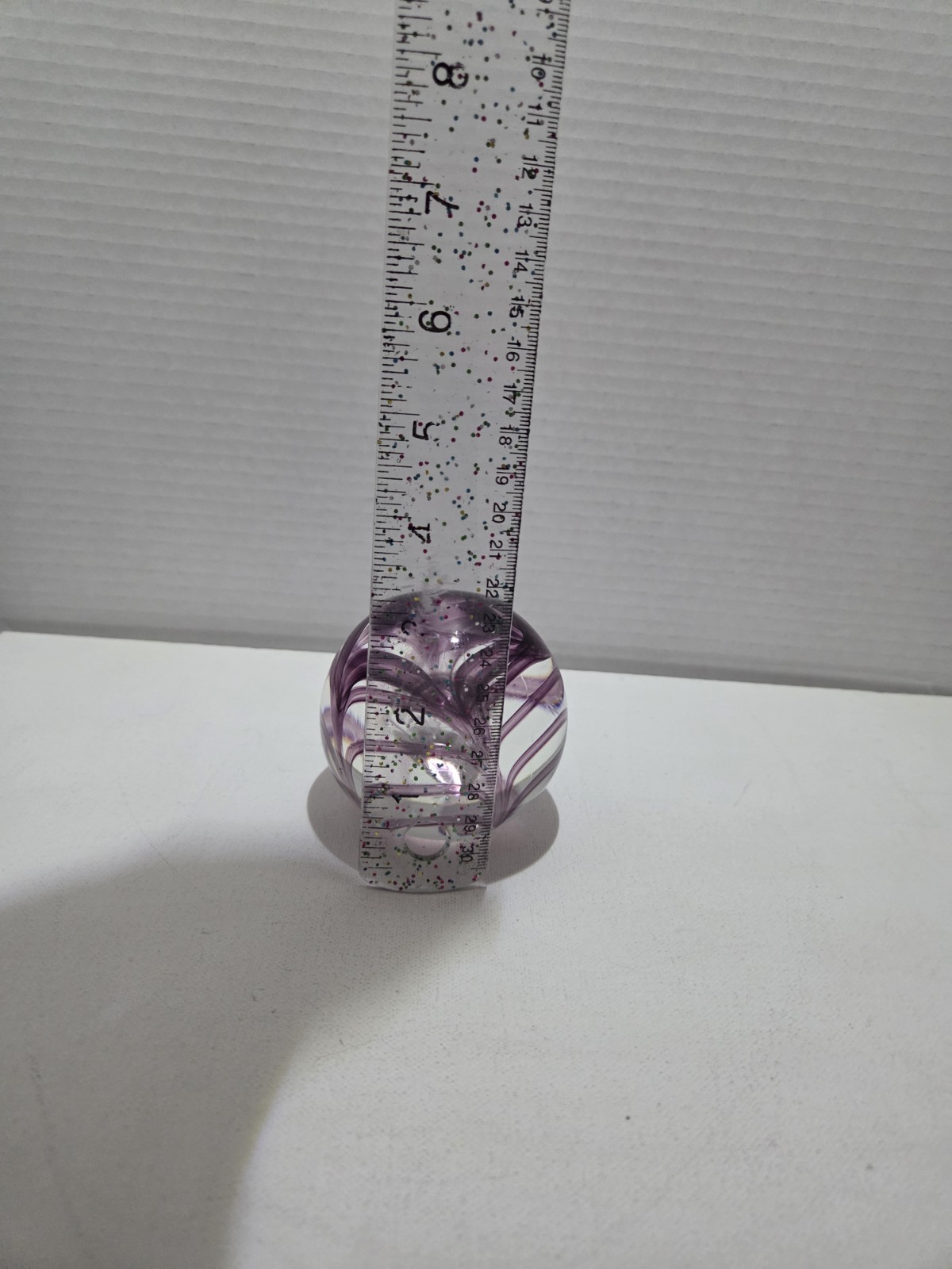 VTG Langham Art Glass Paperweight UK w Purple “Fenicio” Pattern Around Air Pearl