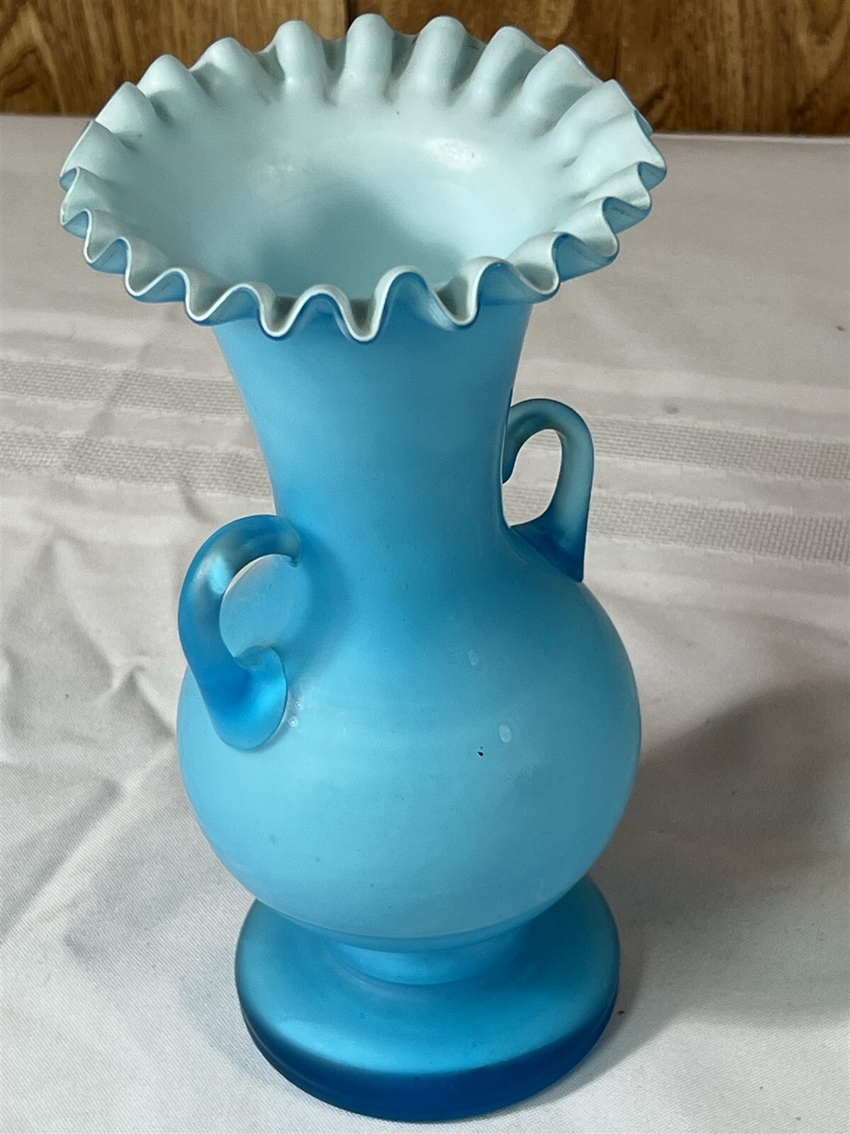 Lovely Hand Blown 8-1/2″ Satin Glass Blue Vase w/ Ruffled Top