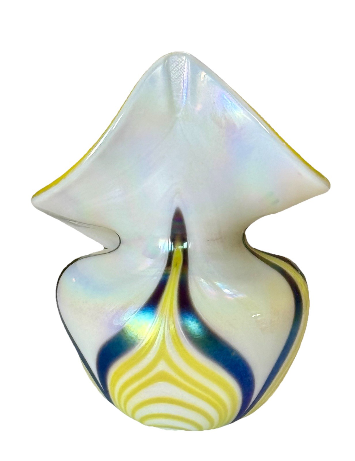 Studio Art Glass Yellow White & Black JIP Pulled Feather 4″ Vase