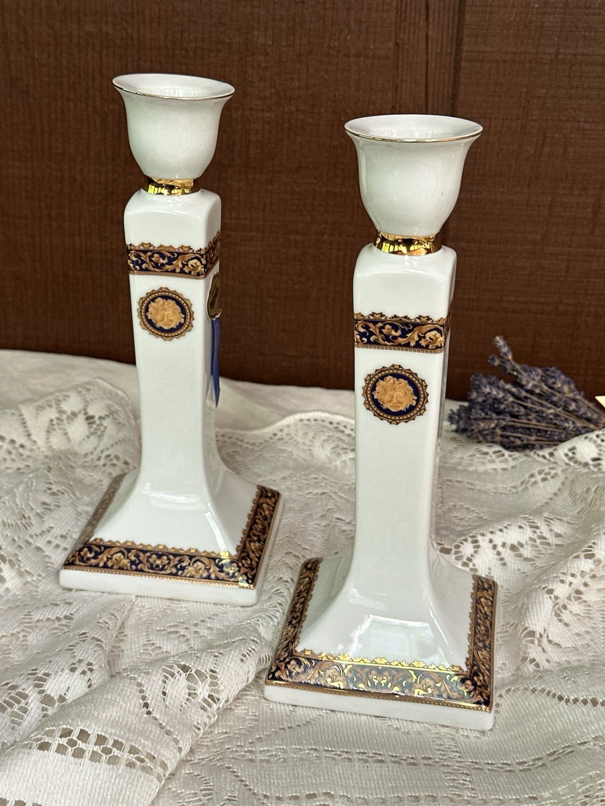 T. Limoges Bacchus Porcelain Candlesticks Art Nouveau White Blue Gold France