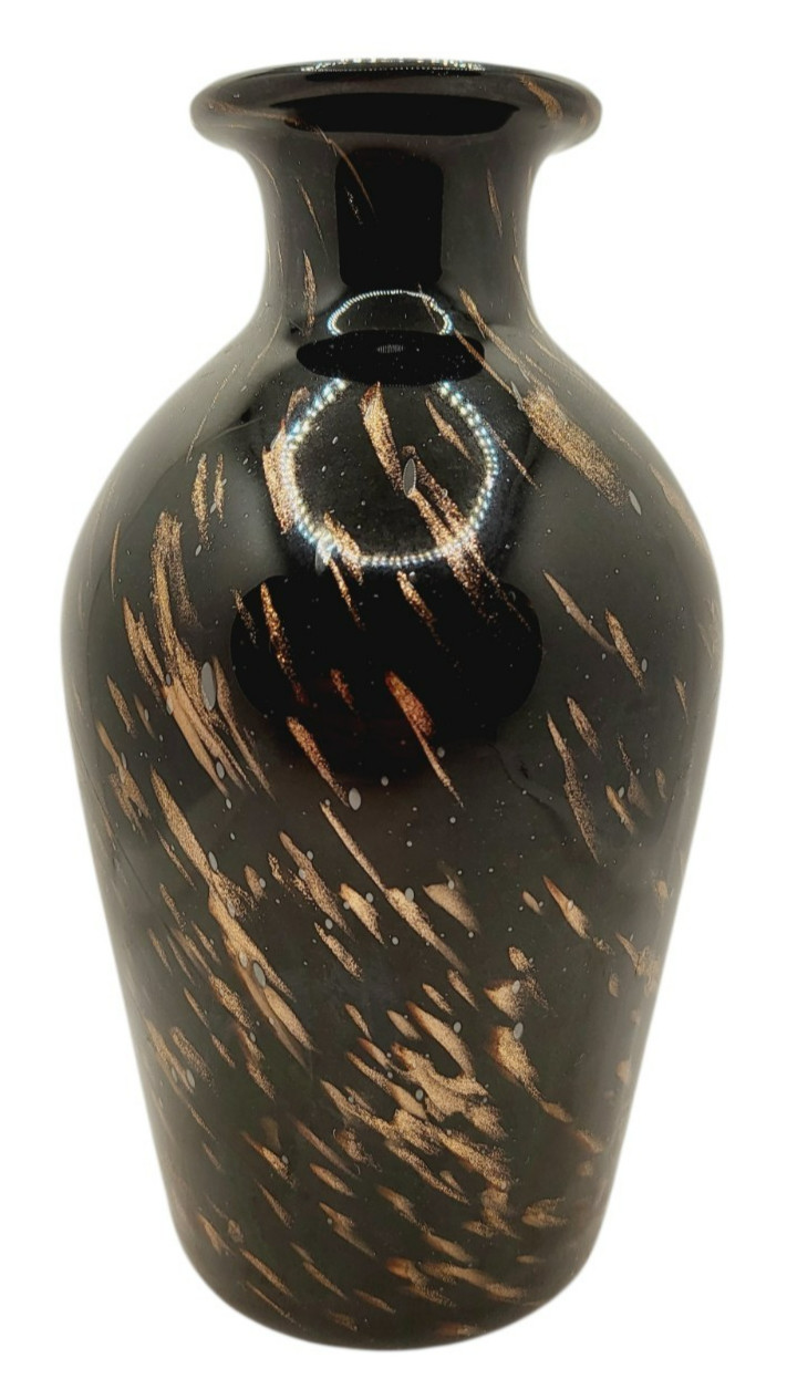 Vintage 1960s Black Gold Italian Adventurine Hollywood Regency Art Glass Vase 8″