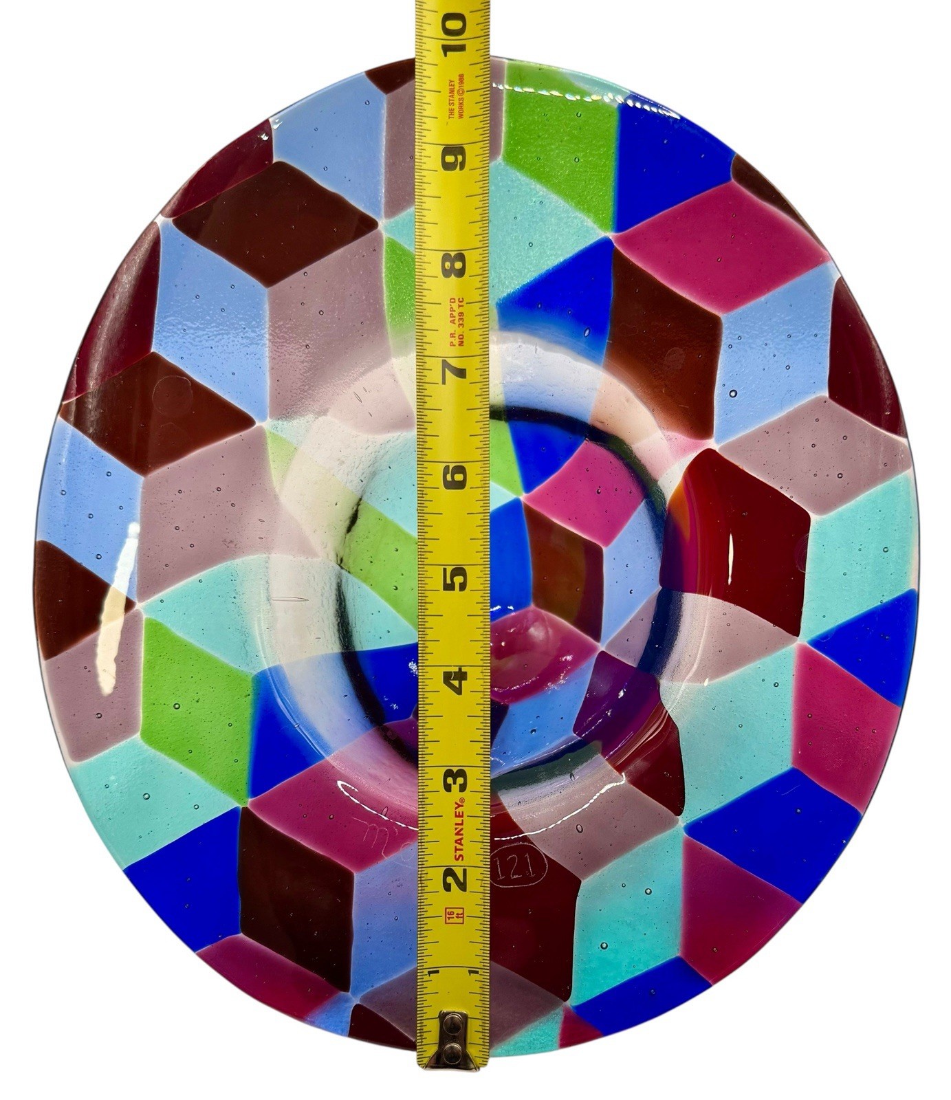 Signed Fused Art Glass Cowboy Wide Brimmed Hat Sculpture Geometric Pink Blue 9”