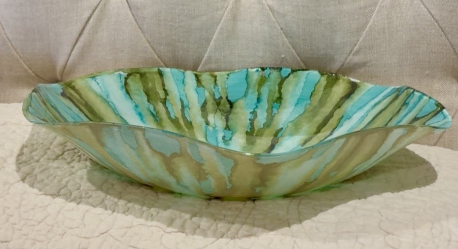 Large Fluted Art Glass Bowl Blue & Brown Abstract 16”Painted Back See Photos