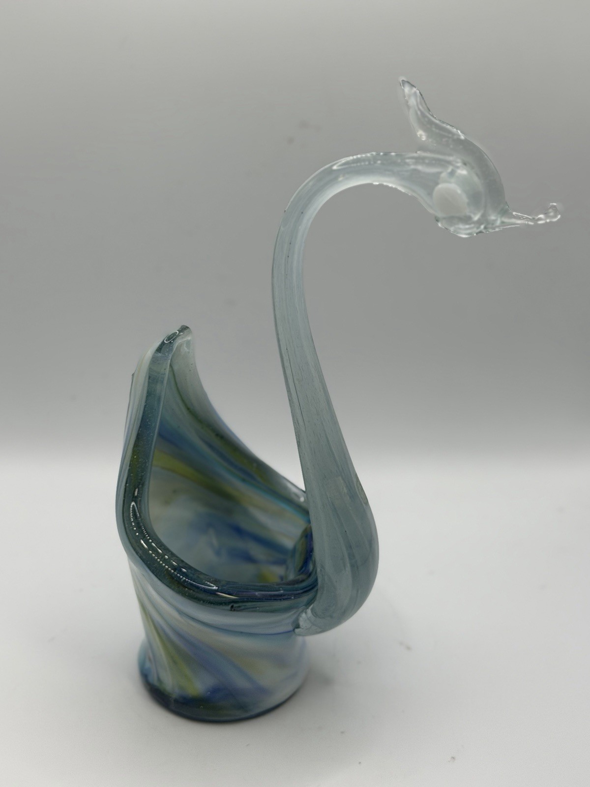 Vintage Hand Blown Art Glass Swan Vase Murano Style Blue Green Slag Swirl 10.5”