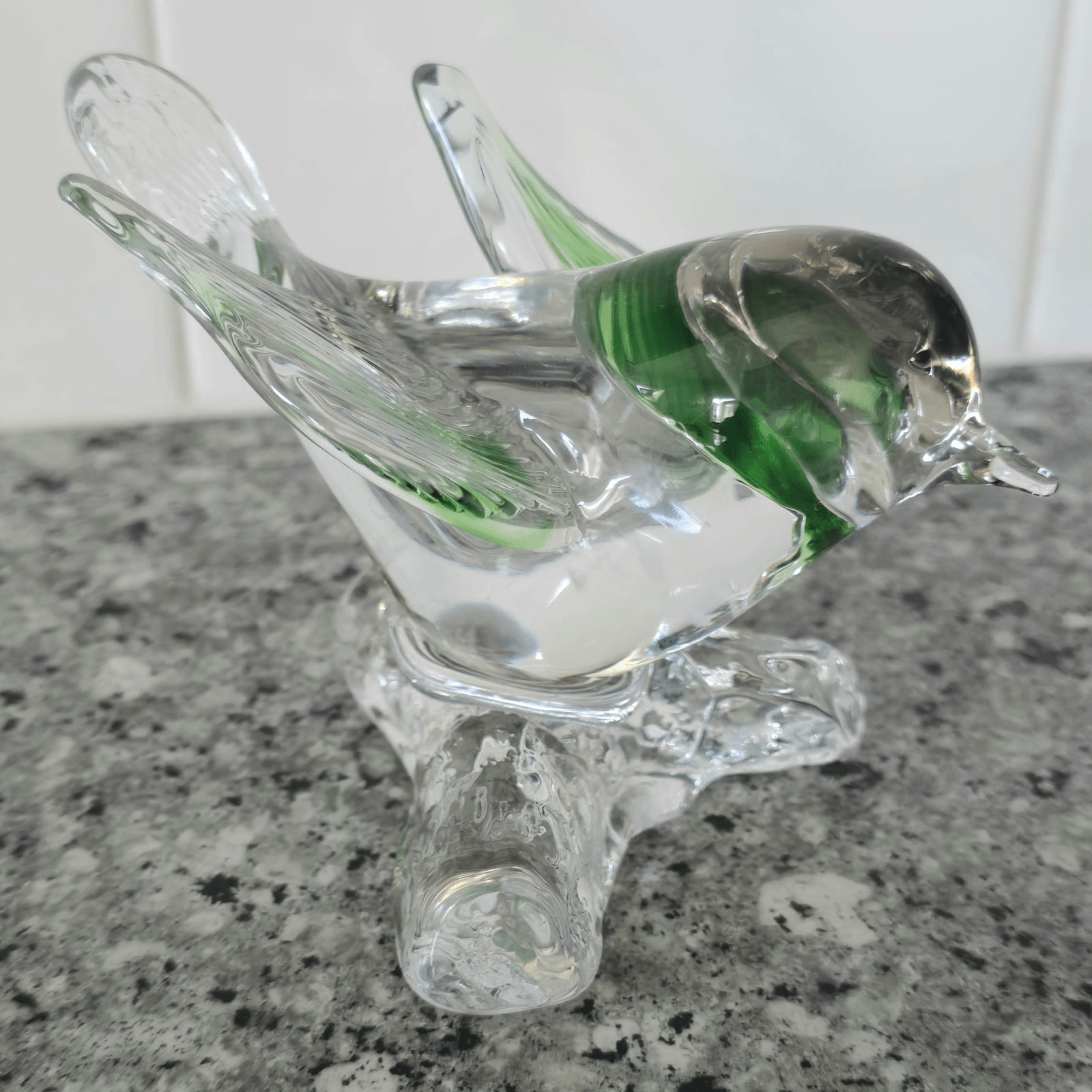 Arte Murano ICET Hand Blown Clear With Green Bird On Branch Figurine Venezuela