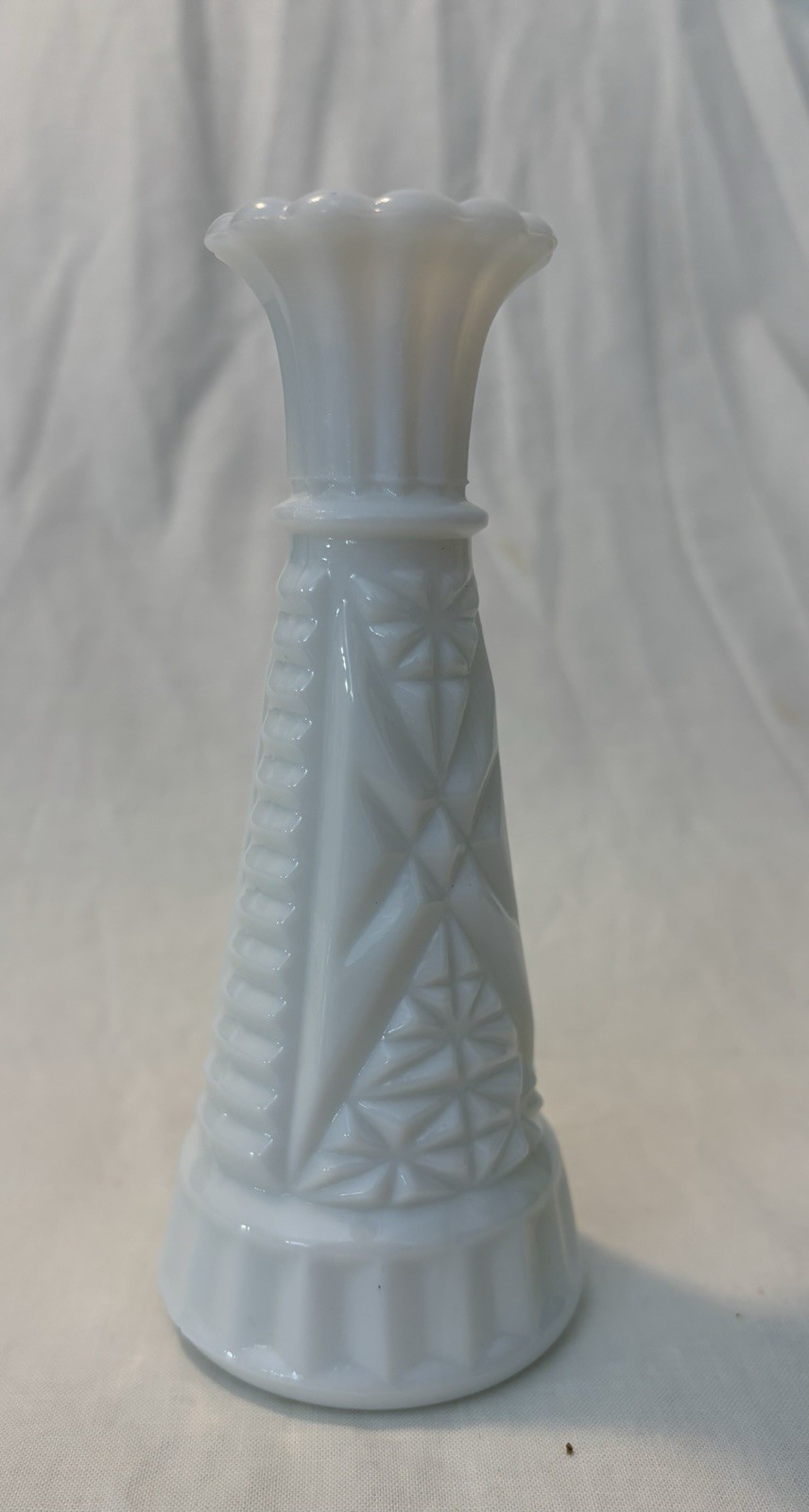 White Milk Glass Geometric Bud Vase 9 in Textured Decorative Glossy Finish