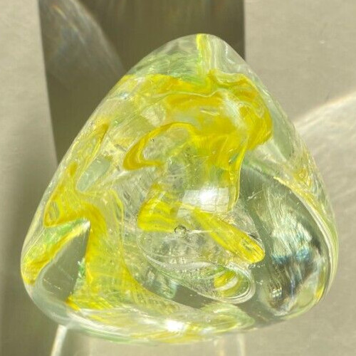 VTG Triangle Studio Art Glass Paperweight Yellow Green White Swirls Bubbles 4″