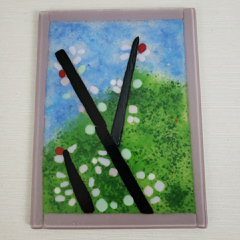 Fused Art Glass Panel Abstract Cherry Tree 6″x8″ Summer Scheme Textured