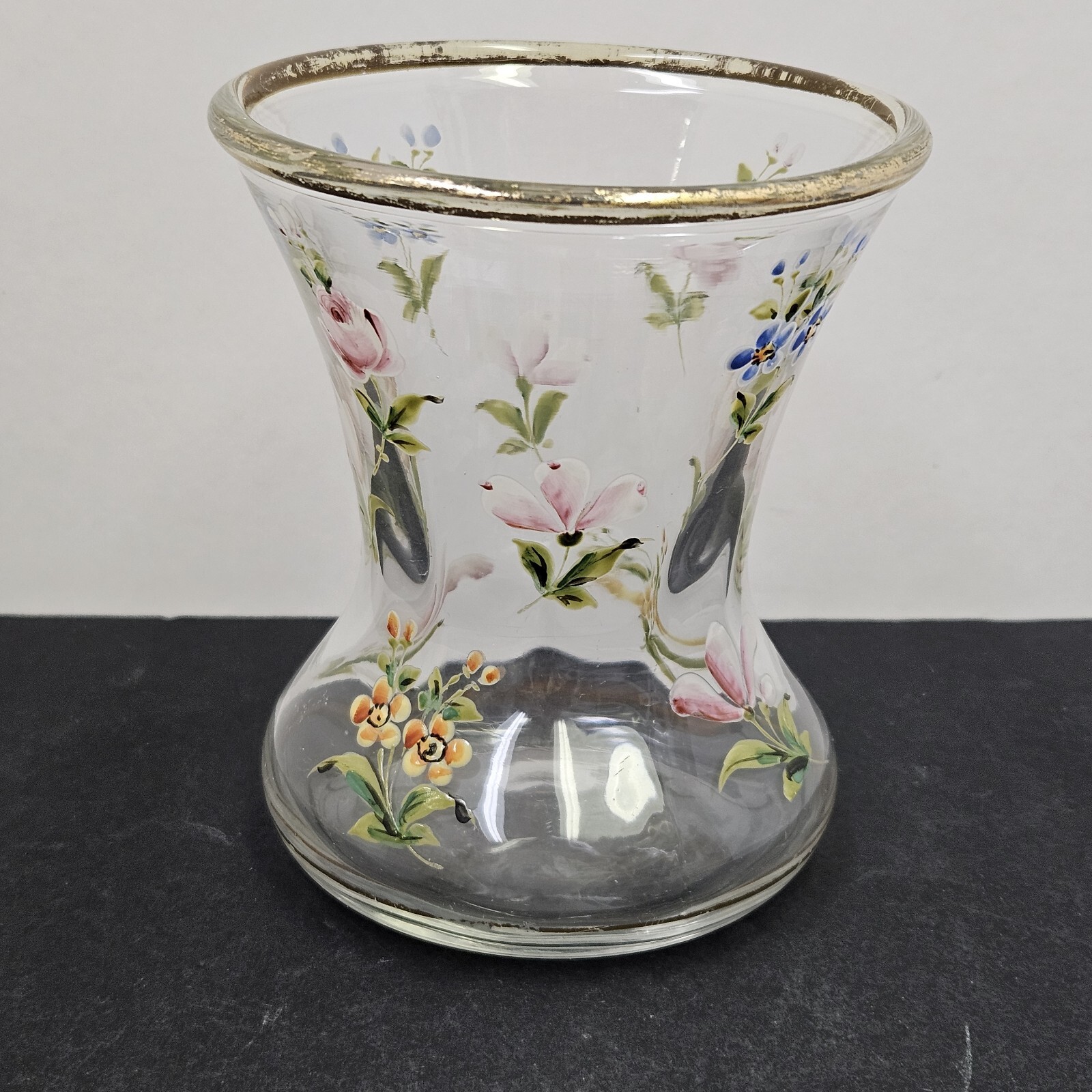 VTG French Style Hand Painted Enamel Flowers Glass Vase Victorian Cottagecore