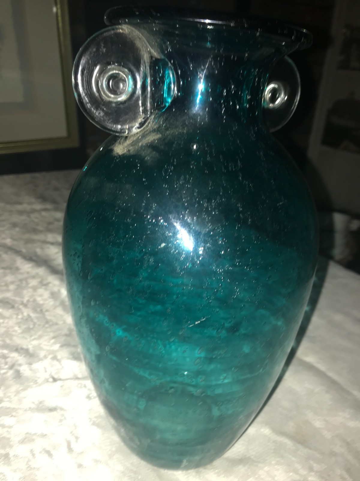 RARE Vintage ORECCHIO Teal BLUE Double Ear HANDLE Bubble STUDIO ART Glass VASE