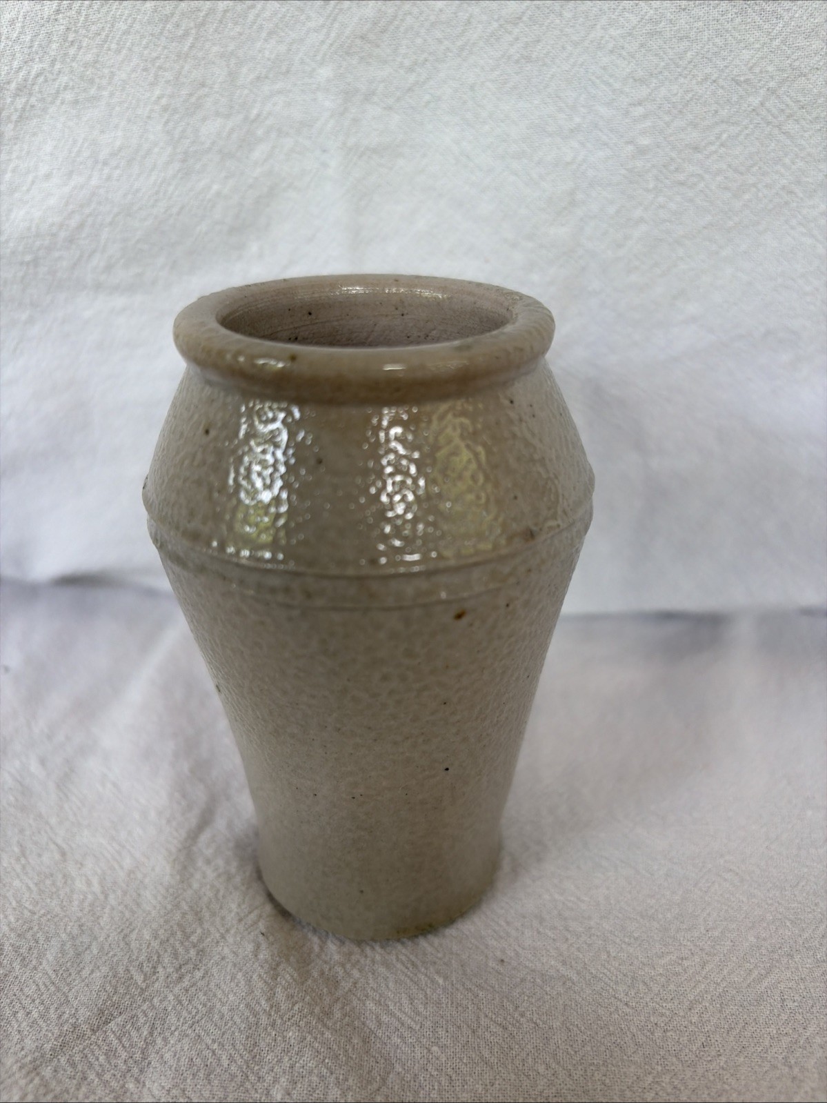 Antique Miniature 4″ Salt Glaze Stoneware Jar Flat Rim Tapered w Ringed Shoulder