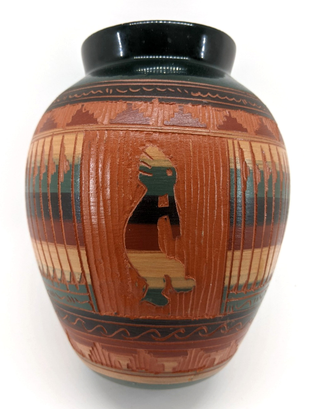 Native American Navajo, Hand Carved Pottery Vase, Kokopelli, Illegible Signature