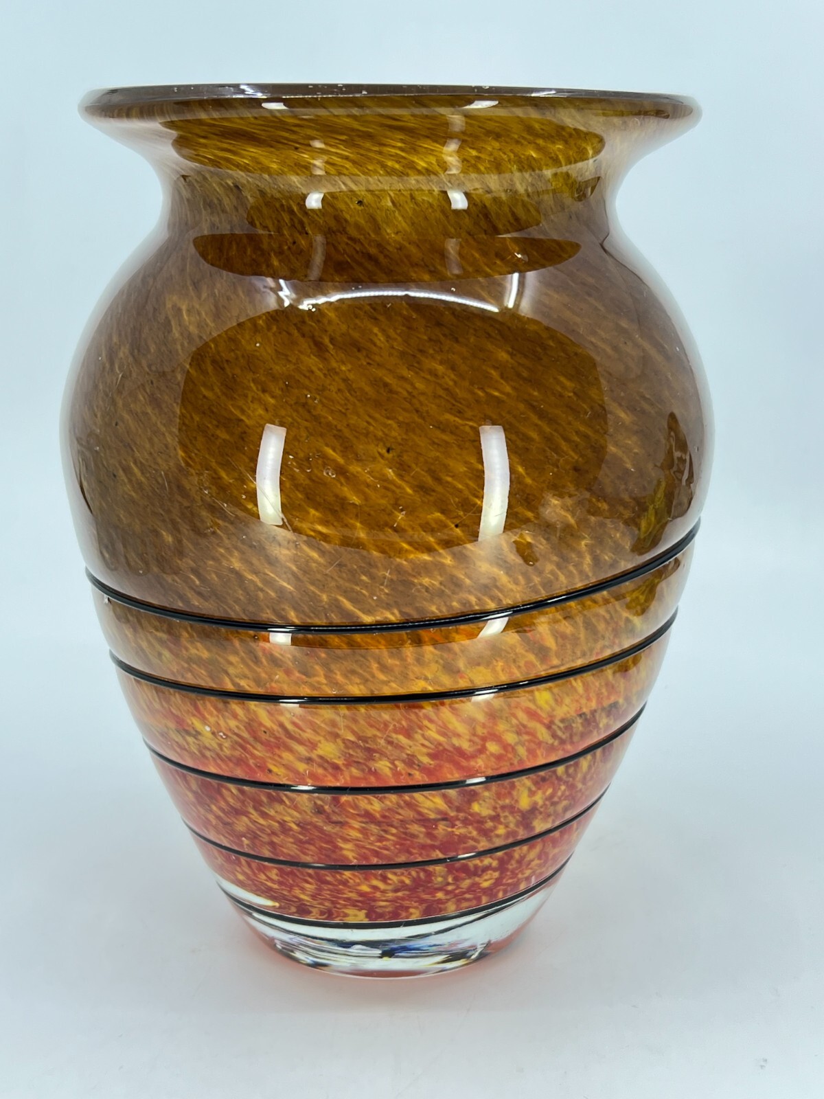 Bohemian Czech Art Glass Vase with Black Glass Windings Hand Blown 7.5″H Orange