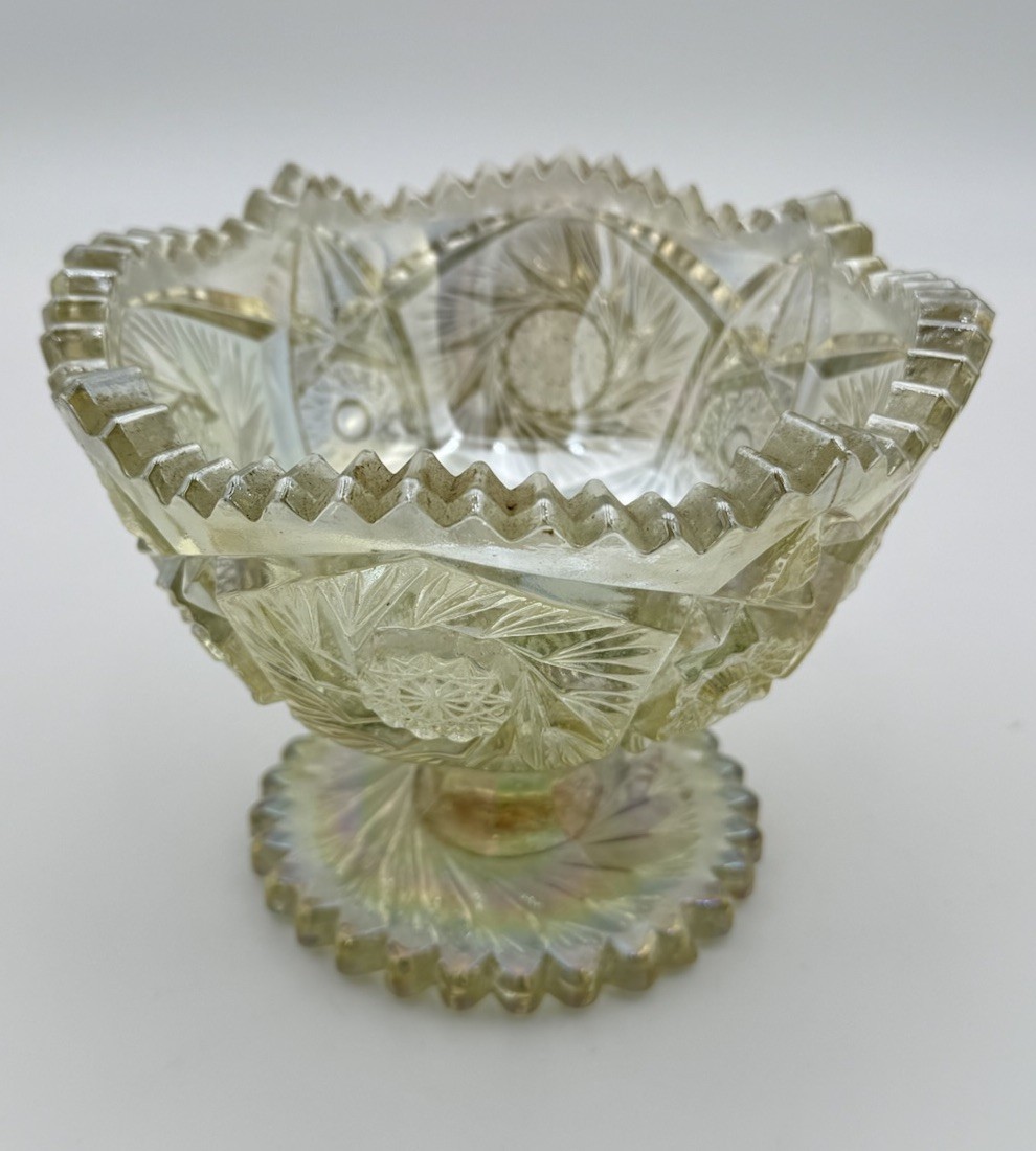 LE Smith Compote Aztec Heritage Iridescent Carnival Glass Whirling Star Pattern