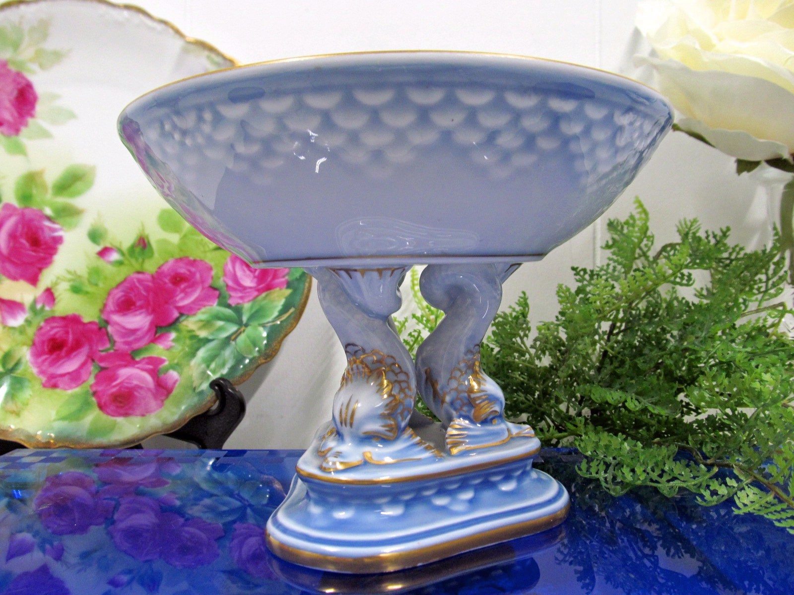 B & G Seagull Porcelain with gold on Dolphin Foot Compote Bowl Copenhagen # 66