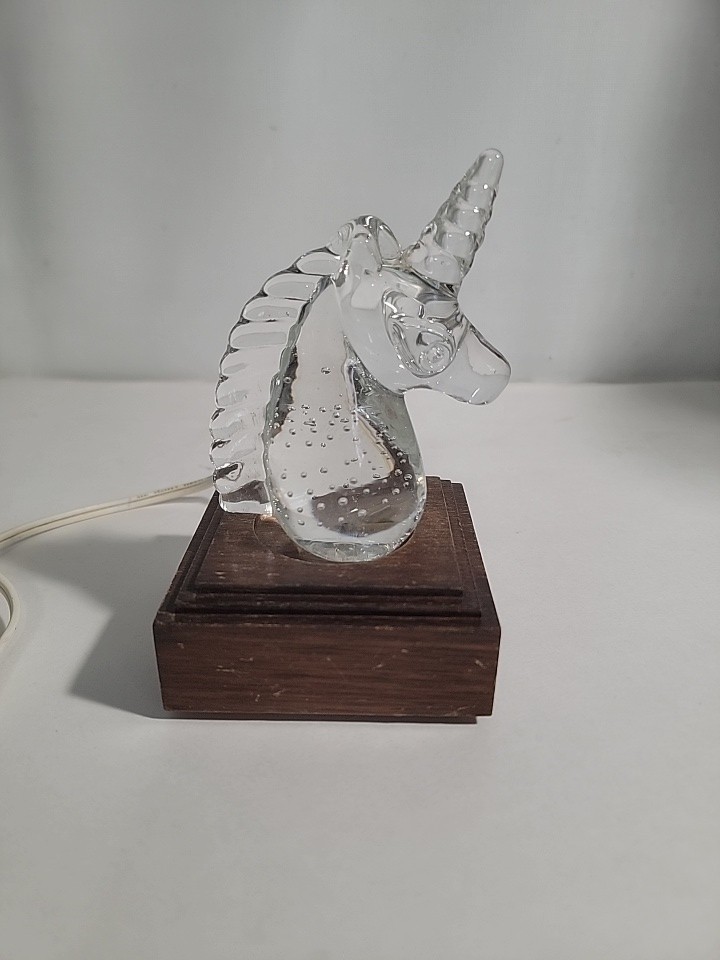 Vintage Lighted Glass Unicorn Bust w/Wood Base Suspended Bubbles Paperweight
