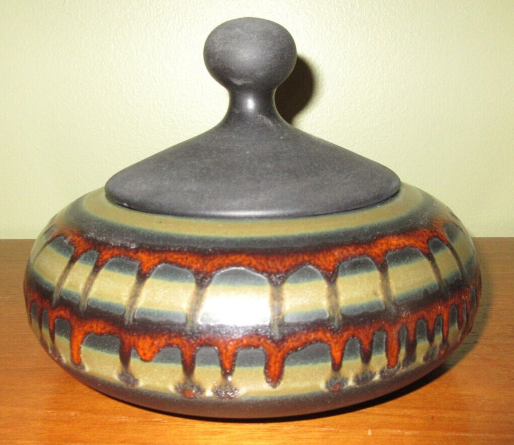Vintage MCM Royal Haeger Black Red Olive Drip Covered Lidded Dish #746 Rare