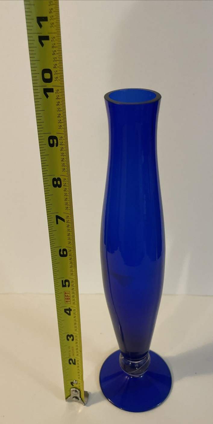 MCM Cobalt Blue Glass Bud Vase Handblown H9.75” Clear Ball Accent EUC