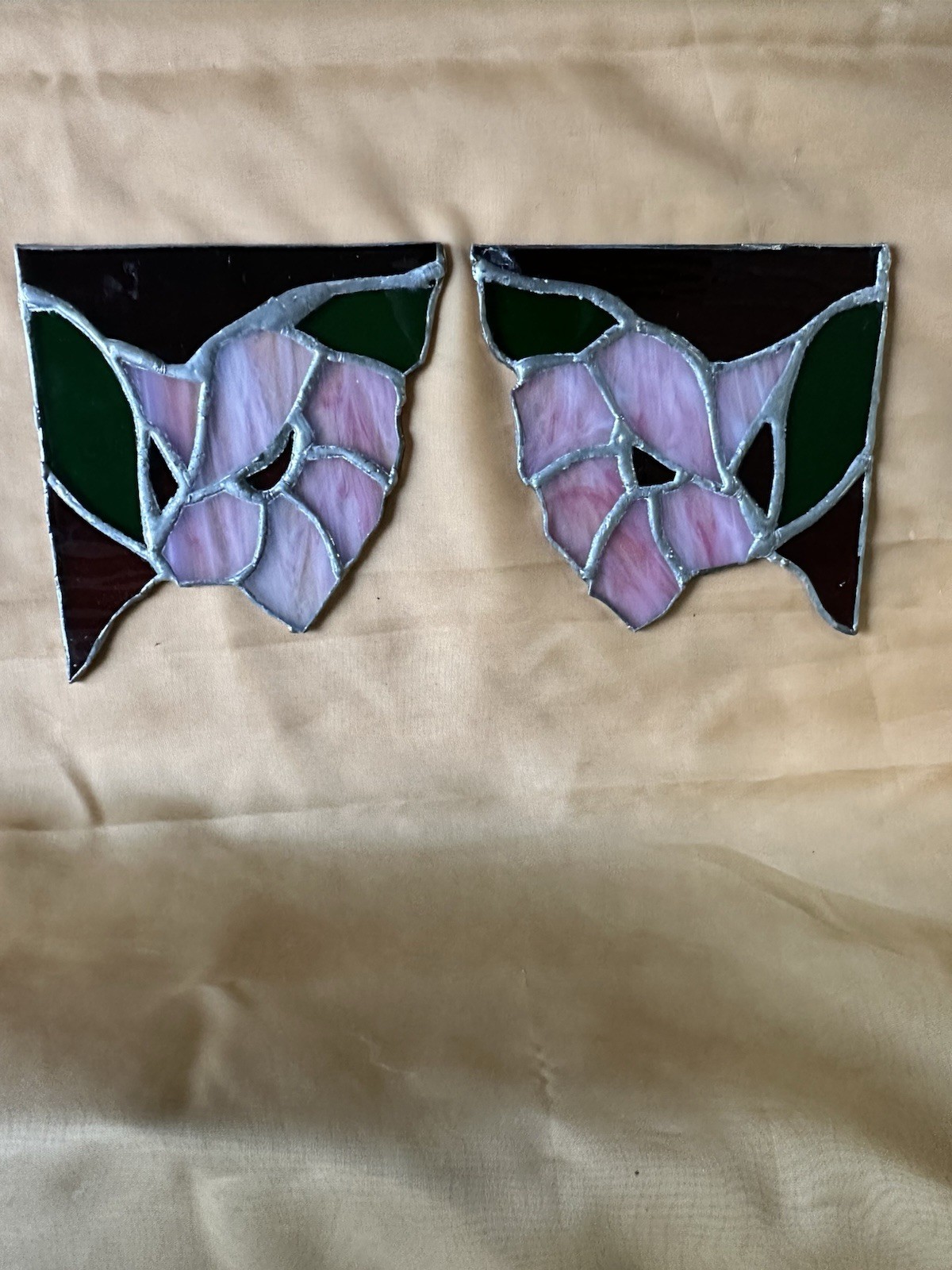 2 Stained Glass Corner Window Panels Handcrafted Victorian Style Floral Design