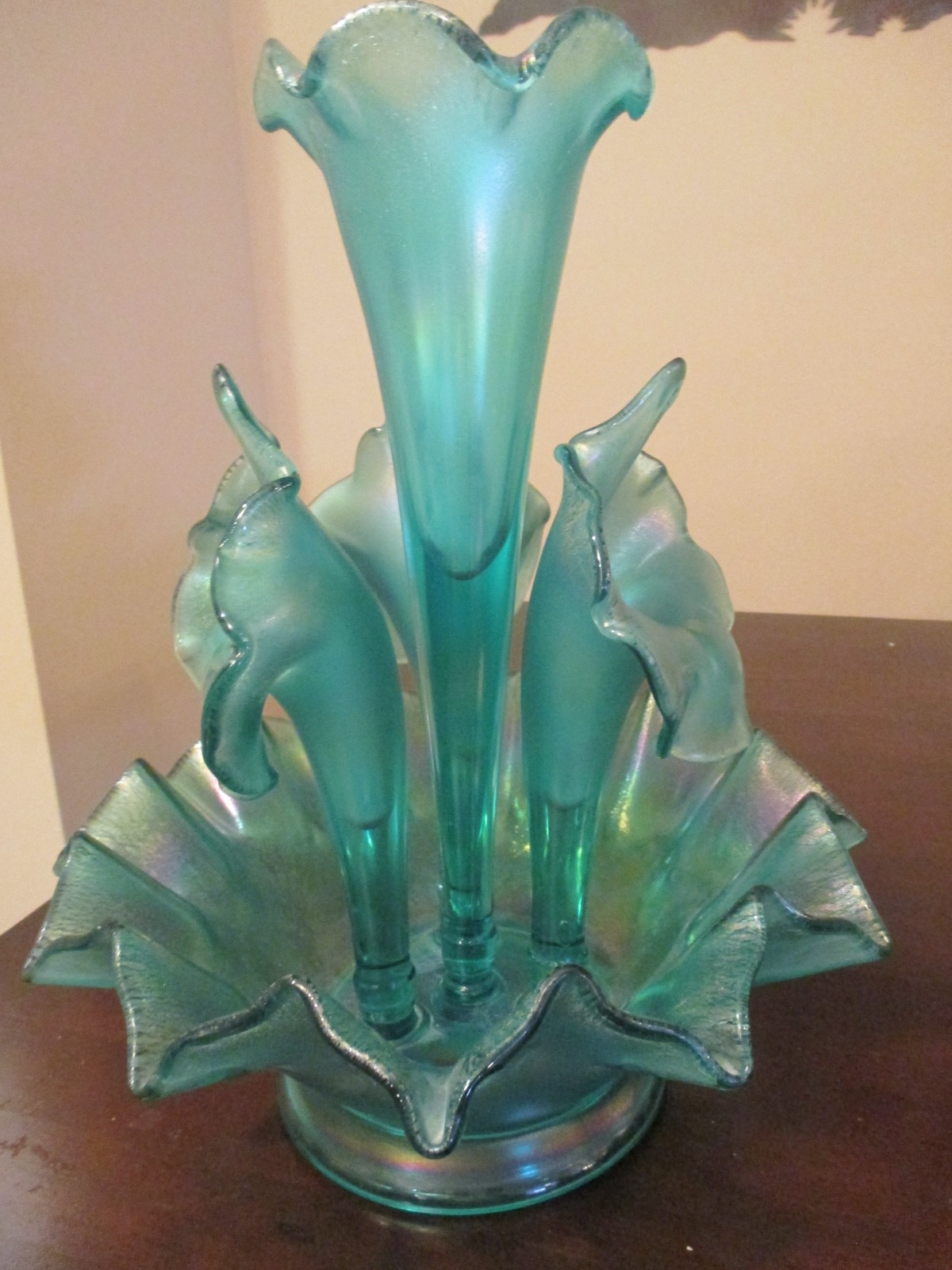 FENTON LG Wright Opalescent Blue Teal Aqua Glass 4 Horn Epergne 1994 13” SIGNED