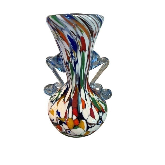 Attributed Fratelli Toso Murano Millefiori Latticino Art Glass Vase Blue Handles