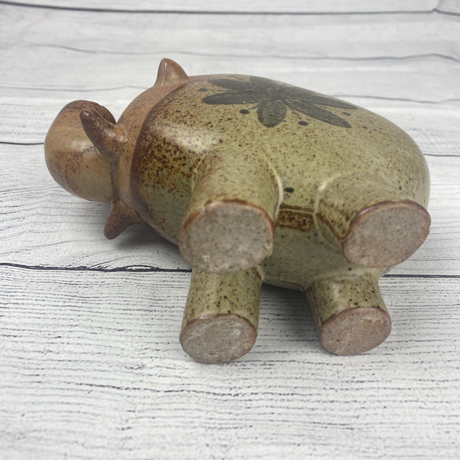 Elephant Art Pottery Figurine Trunk Up Brown Blue Flower Folk Art 6″ X 7″