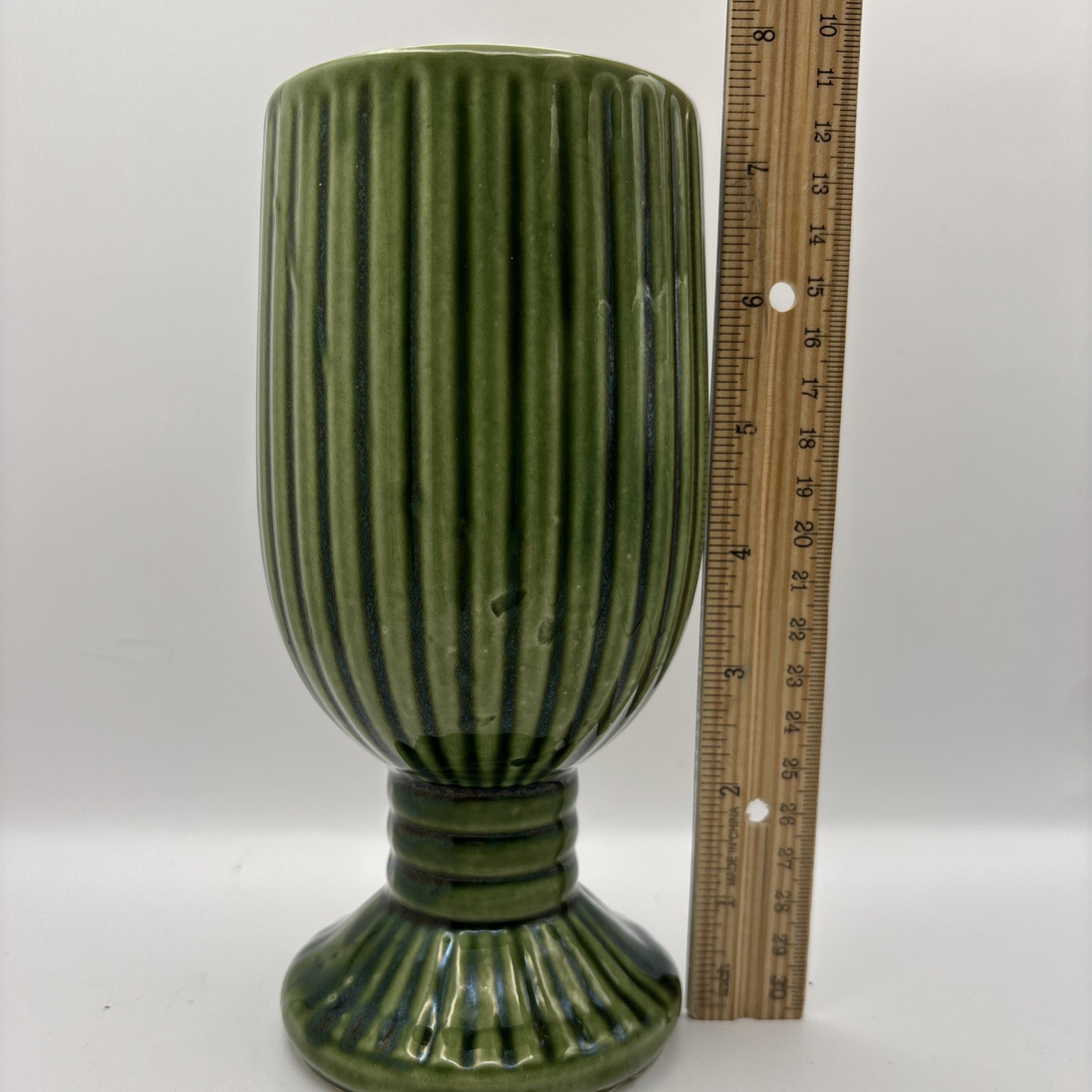 Mid Century Forest Green Chalice Shaped Vase 7.5 Inch