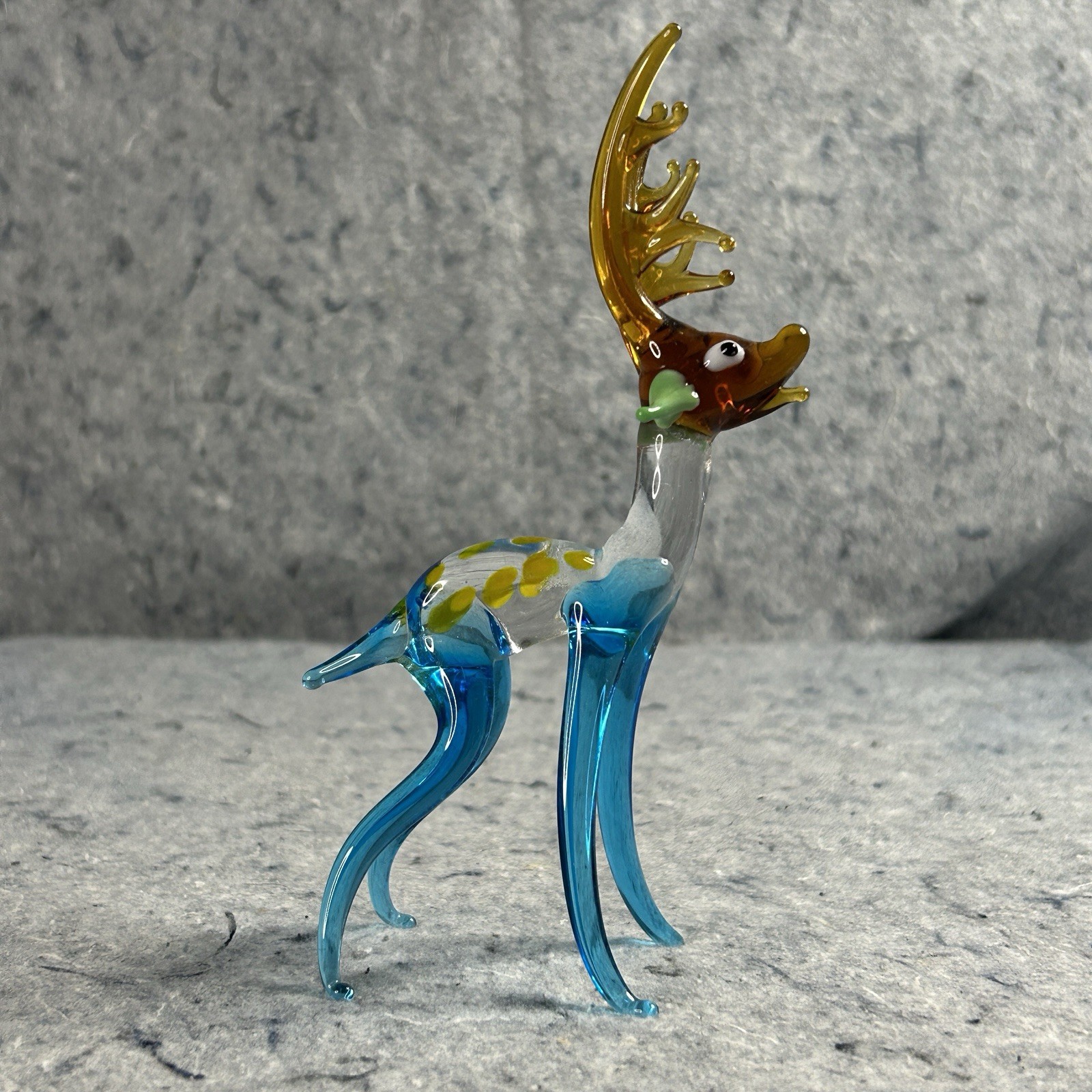 Hand Blown Art Glass Deer Figurine Blue Amber Spotted Vintage Style