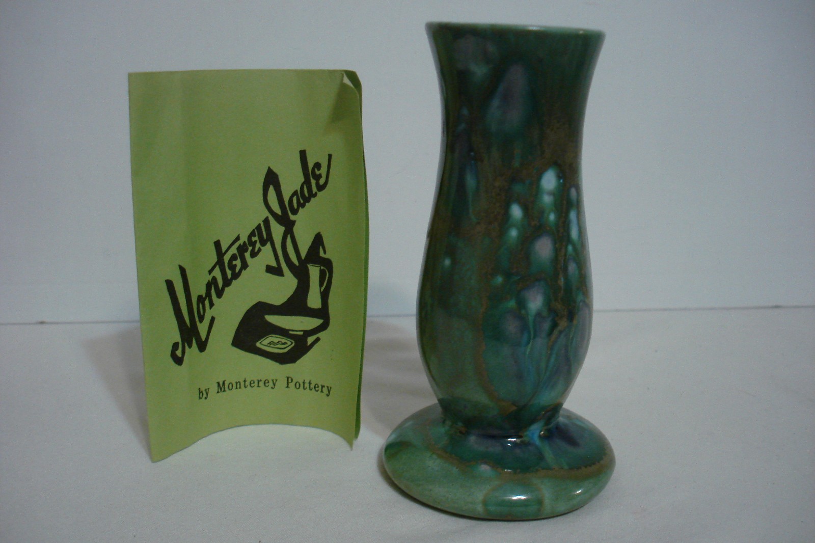 Monterey Jade Blue Green Drip Glaze Bud Vase by Monterey Pottery Signed w/ Paper