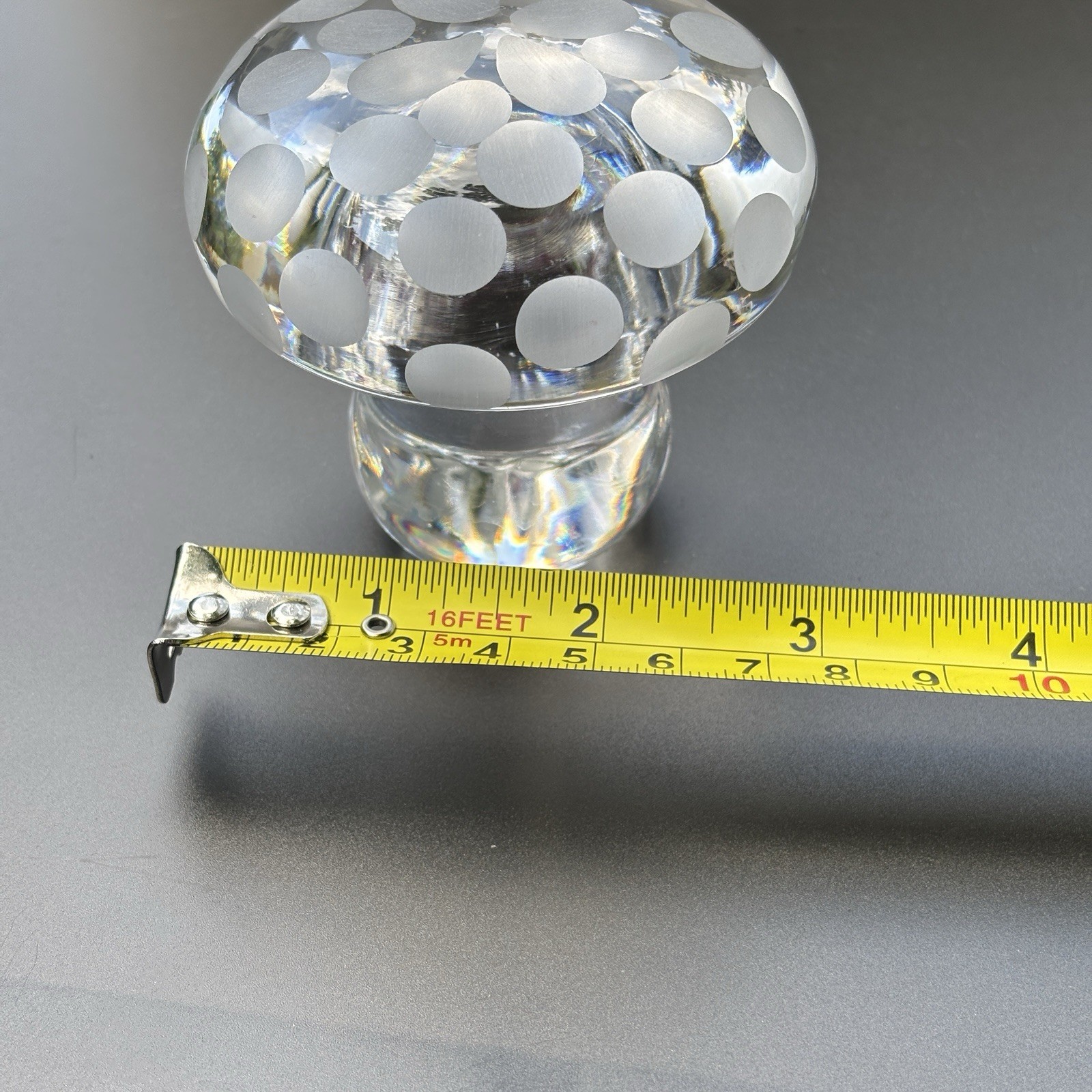 Vintage Art Glass Mushroom Paperweight Etched Dots Star Cut Base Fairy Garden