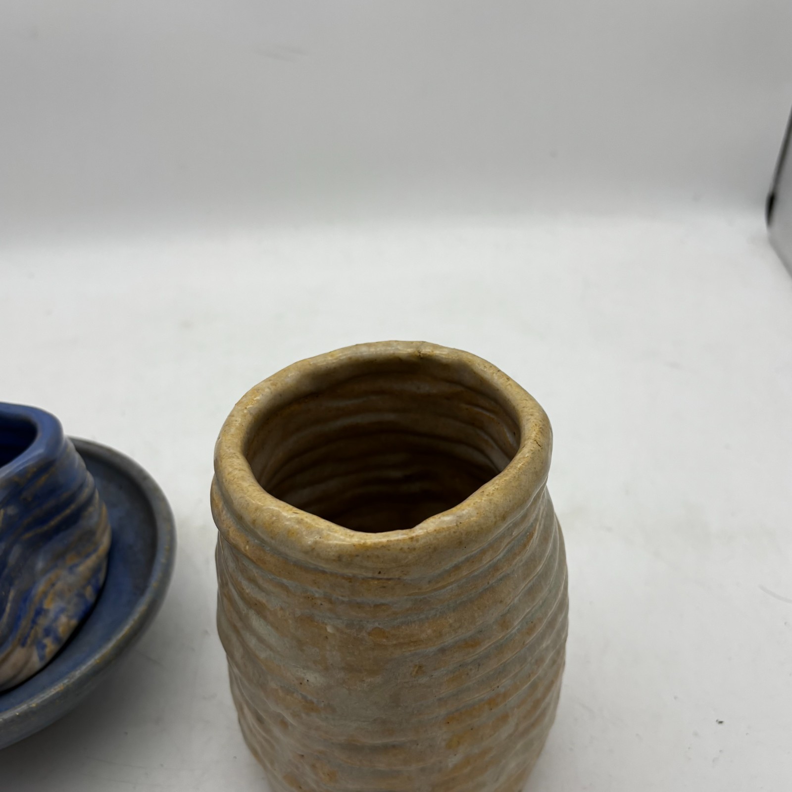 Handmade Studio Pottery Lot Blue Star Planter with Saucer & Beige Textured Vase