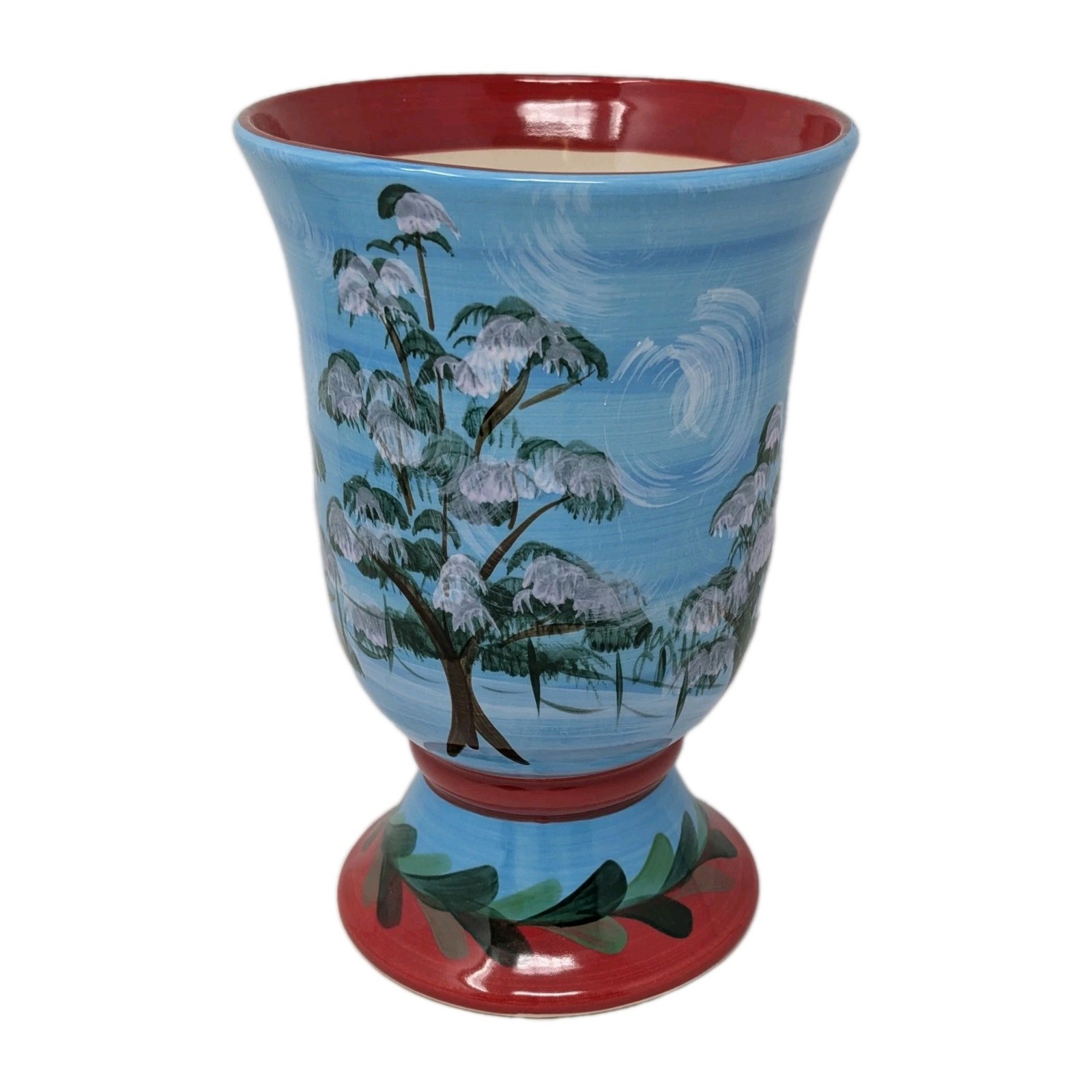 Ceramic Utensil Holder Hand Painted Winter Trees Gail Pittman NOS TLL 947