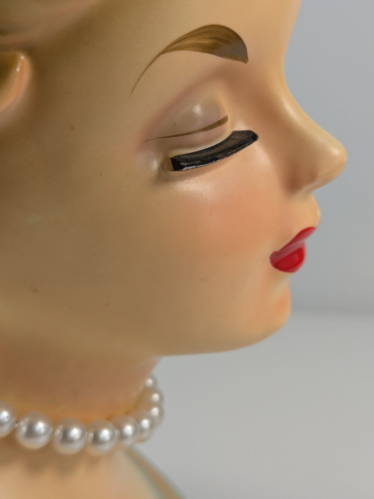 Vintage Lady Head Vase Glossy Cold Pink Cheek Blue Dress & Hair Original Jewelry