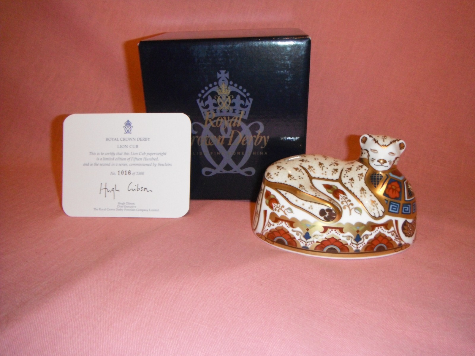 Royal Crown Derby Paperweight-LION CUB-with Certificate, Gold Stopper & RCD Box