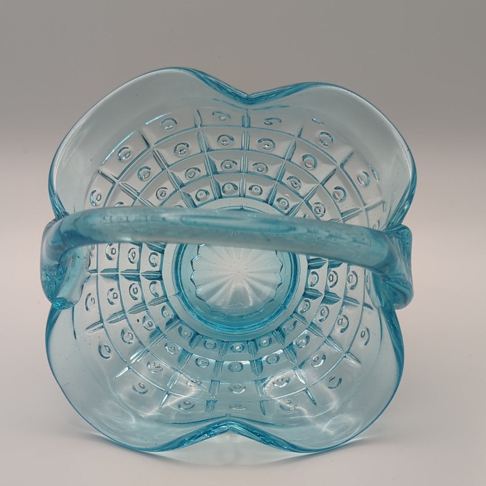 Blue Textured Pressed Glass Decorative Basket w/ Handle Ruffled Rim 6x6x6